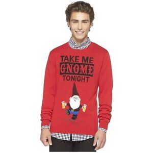 Men's Red Ugly Christmas Sweater "Take Me Gnome Tonight" gnome beer drinking L